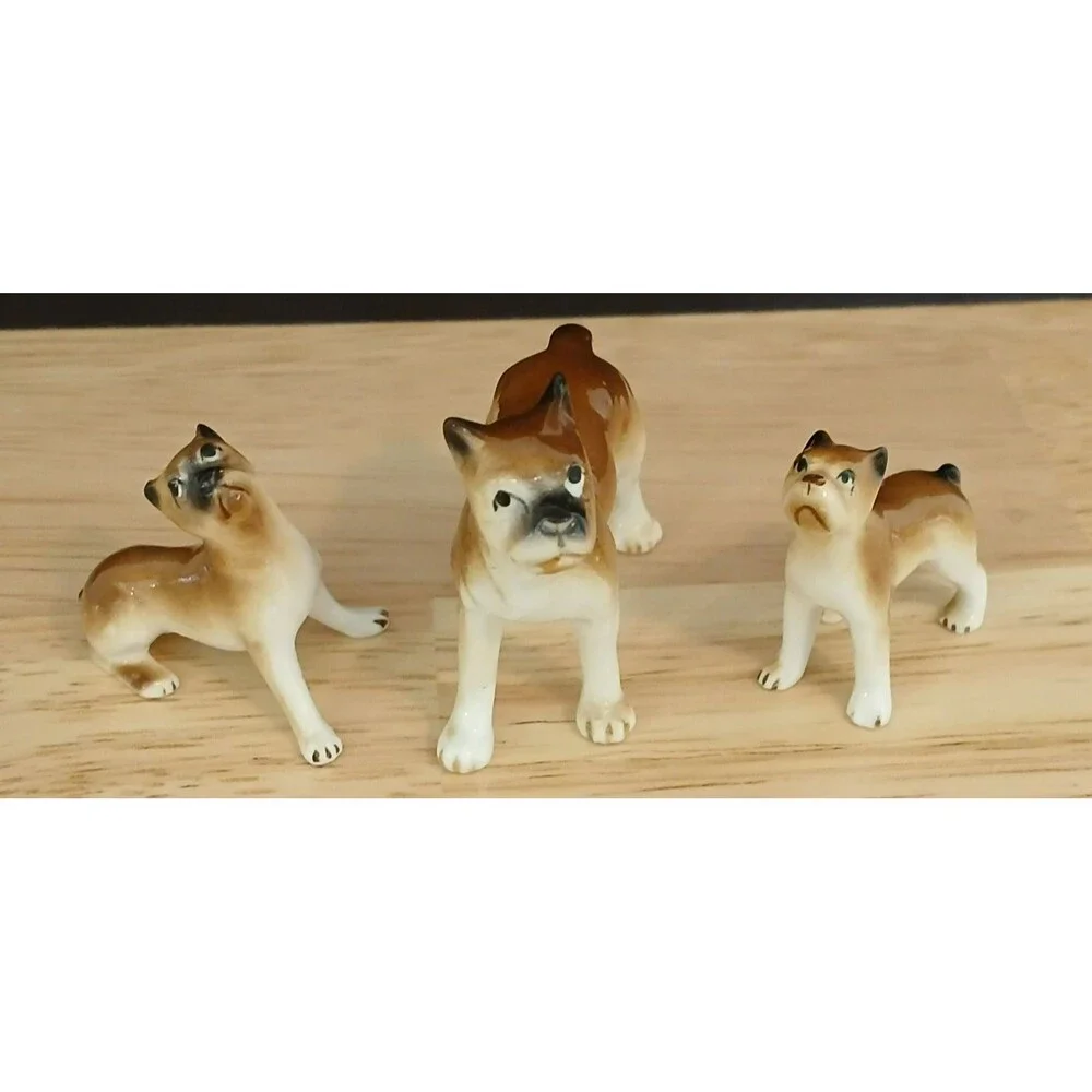 Vintage Set of 3 Porcelain Miniature Boxer Dog Cute Figurines